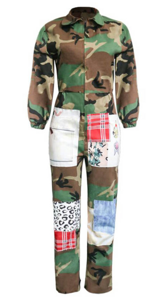 Patchwork camo jumpsuit sales